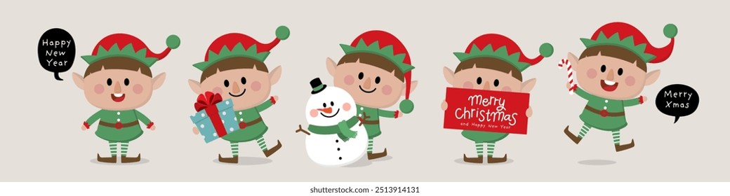 Cute little elf and snowman character set. Christmas holidays cartoon collection. 