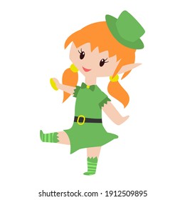 Cute little elf walking with a coin in her hand isolated on white. Design for Patrick day. Can be used for stiker, banner, card, poster and any design. Vector illustration.