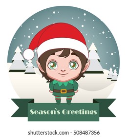 Cute little elf with winter background and festive banner