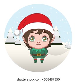 Cute little elf with winter scene background