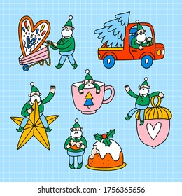Cute little elfs, Santa helpers, vector illustration set