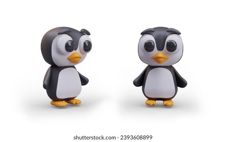 Pingüino pequeño emperador lindo en diferentes posiciones. Pájaro vectorial sobre fondo blanco. juguete infantil. Carácter cómico para diseño web. Conjunto de plantillas vectoriales