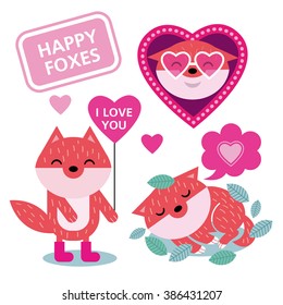 Cute Little Enamored Foxes. Vector set of soulful stickers in cartoon style isolated on a white background,