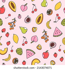 Cute little exotic fruit doodles, vector seamless pattern on pink background