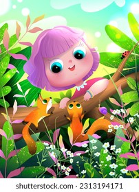 Cute Little Explorer, Baby Girl with Squirrels in Woods or Forest. Animals and Kids cartoon, colorful wildlife illustration for children. Vibrant playful vector illustration in watercolor style.