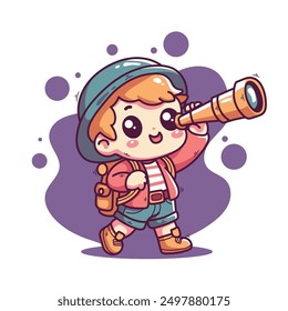 Cute little explorer boy with binoculars. Vector illustration.