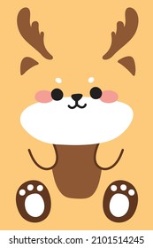 Cute little face deer flat cartoon.Animal character design.Background.Hand drawn.Christmas.Kawaii.Vector.Illustration.