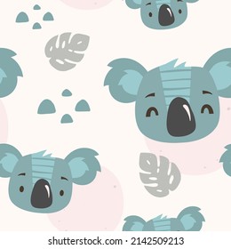 The cute little face of a koala. Australian animal hand-illustrated in Scandinavian style. Seamless pattern for use in children's clothing, textiles, packaging, wallpaper and baby room decor.