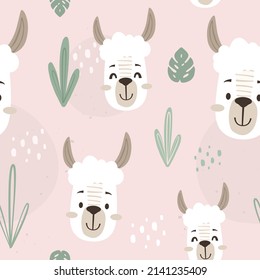 The cute little face of a llama. Animal hand-illustrated in Scandinavian style. Pattern for use in children's clothing, textiles, packaging, wallpaper and baby room decor. Chile animal.