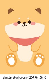 Cute little face shiba inu dog flat cartoon.Animal character design.yellow background.Japan.Japanese pet.Kawaii.Vector.Illustration.