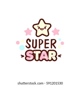 Cute little face and super star lettering illustration. illustration of isolated with phrase on white. Vector style pacifier Kawaii emoticons for print on t-shirt, one piece body gift for kids.