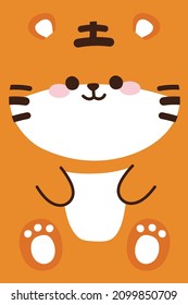 Cute little face tiger flat cartoon.Animal character design.Orange background.Zoo.Smile.Kawaii.Vector.Illustration.