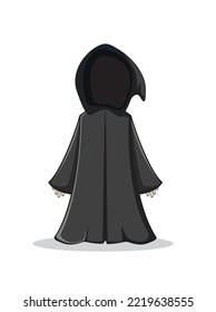 Cute little faceless ghost in a black cape with a hood. Cartoon character isolated on a white background. Illustration can be used for children's clothing design, banners, tattoo.