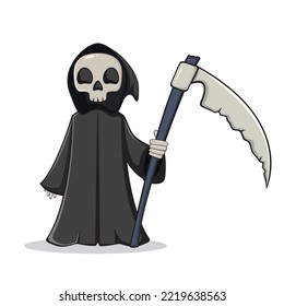 Cute little faceless ghost in a black cape with a hood and scythe in his hand. Cartoon character isolated on a white background. Illustration is for children's clothing design, banners, tattoo. 