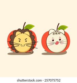 Cute little faces of Lion and cat in apple shaped frame. 