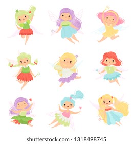 Cute Little Fairies in Colorful Dresses set, Beautiful Winged Flying Girls Vector Illustration