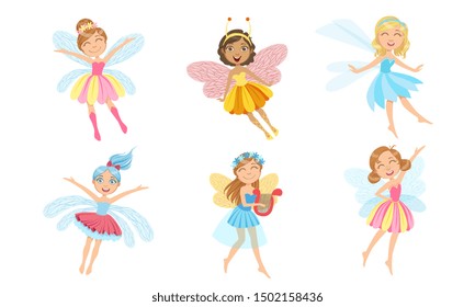 Cute Little Fairies in Colorful Dresses with Wings Set, Beautiful Girls in Fairy or Elf Costumes Vector Illustration