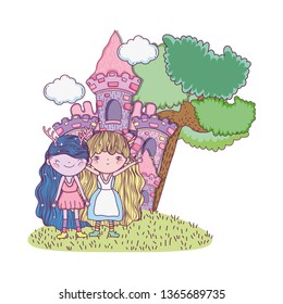cute little fairies couple with castle