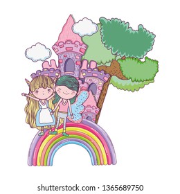 cute little fairies couple with castle and rainbow