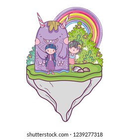 cute little fairies couple with monster in the field