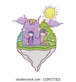 cute little fairies couple with monster in the field