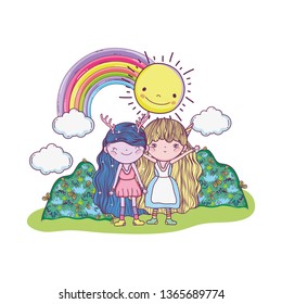 cute little fairies couple with rainbow and sun
