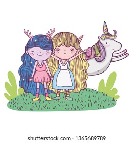 cute little fairies couple with unicorn