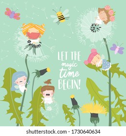 Cute little fairies flying above dandelions. Vector illustration