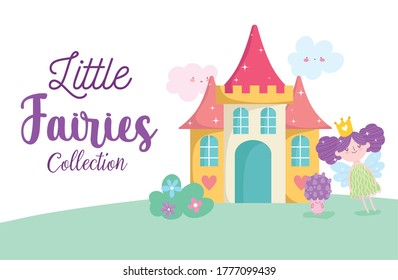 cute little fairies princess tale cartoon castle mushroom character vector illustration
