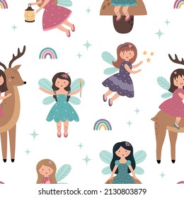 Cute little fairies. Seamless pattern for printing on fabric, wallpaper, clothing, wrapping paper. Vector illustration