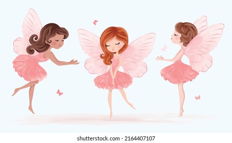 Cute little fairies watercolor illustration, vector graphic, children artworks, wallpapers, posters, greeting cards prints. 