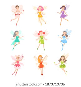 Cute Little Fairies with Wings Set, Lovely Winged Elf Princesses in Colorful Dress Cartoon Style Vector Illustration