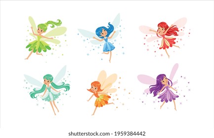 Cute Little Fairies with Wings Set, Charming Long Haired Girls Dressed Pretty Colorful Dresses Cartoon Vector Illustration