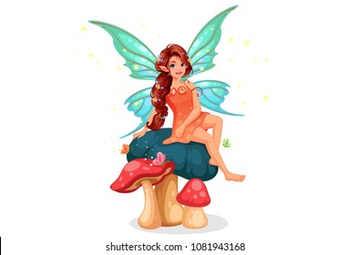 Cute little fairy and beautiful long braided hairstyle sitting mushroom