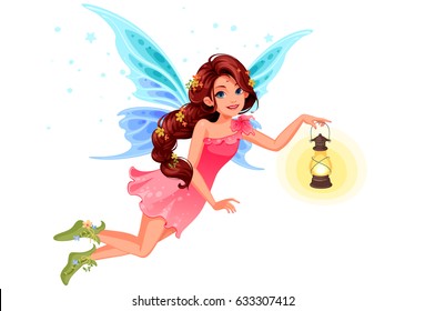 Cute little fairy with beautiful long braided hairstyle holding a lantern