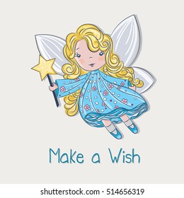 Cute little fairy in blue floral dress with make a wish message