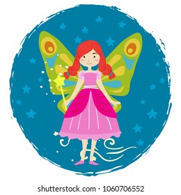Cute little fairy with bright red hair, vivid pink dress and big butterfly wings on starry background. Children book illustration. Poster or postcard design.