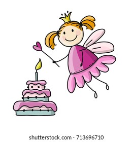 Cute little fairy with cake, sketch for your design