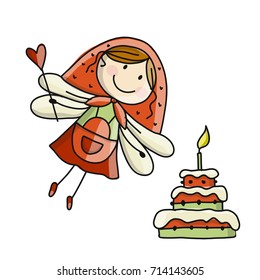 Cute little fairy with cake, sketch for your design