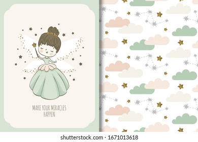 Cute little fairy cartoon character with magic wand in the hand flying among the stars. Surface design and seamless patterns. Graphic for kid's clothing. Hand drawn style vector illustration