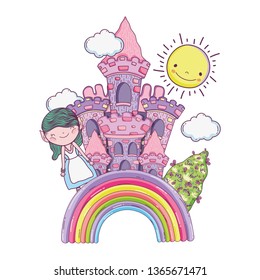 cute little fairy with castle and rainbow