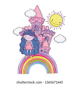 cute little fairy with castle and rainbow