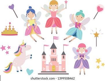 Cute little fairy clipart, handdrawn fairy tale clip art, unicorn, magic wand 