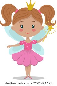 A cute little fairy with a crown and wings. Funny cartoon character tooth fairy in a pink dress. Stock vector illustration isolated on a white background