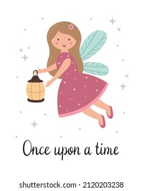 Cute little fairy with a flashlight. Funny children's poster. A beautiful cartoon girl with wings. Vector illustration for T-shirt print, nursery decor, invitation card, postcard