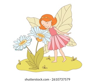 Cute little fairy and flowers isolated on white background. Vector illustration