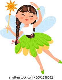 Cute little fairy. Flying girl in green leaves skirt