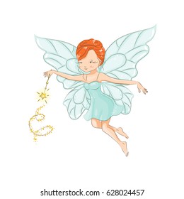 Cute little fairy flying. In her hand a magic wand that works wonders. 