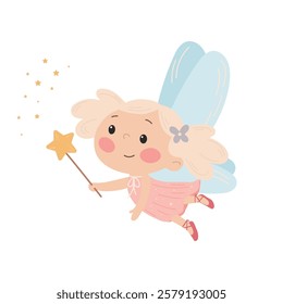 Cute little fairy flying with magic wand, cartoon vector illustration isolated on white background.