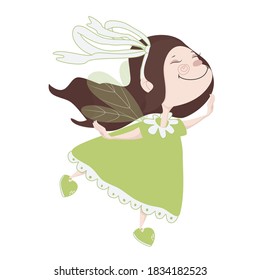 Cute little fairy girl in green dress with a ribbon on her head vector illustration